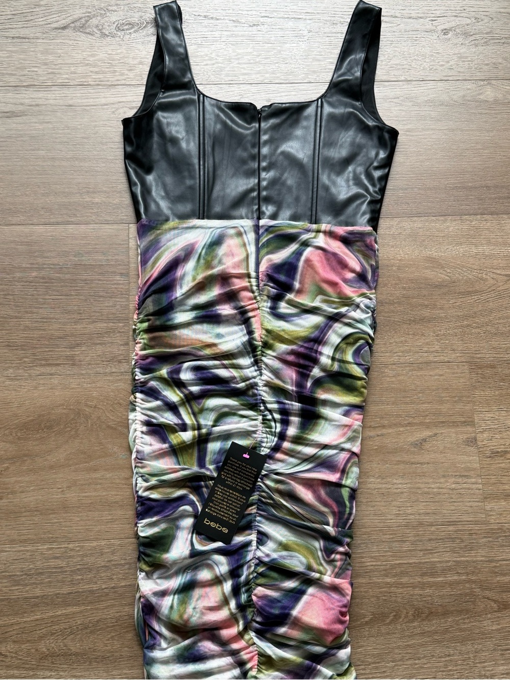 bebe Black Faux Leather Top Multicolor Swirl Ruched Midi Dress